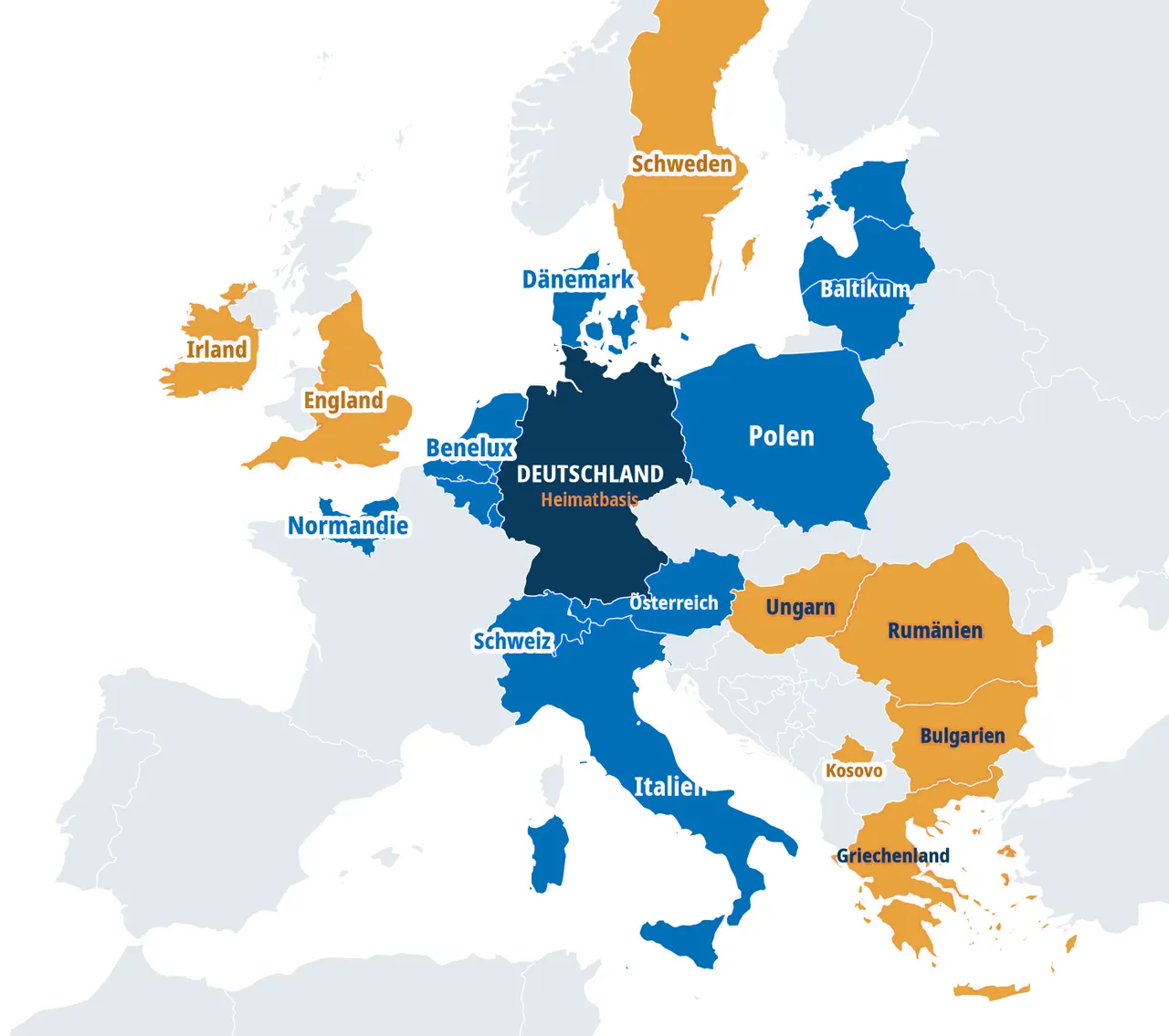 Europakarte von agaSAAT: Heimatbasis Deutschland, Vertriebs- und Entwicklungsregionen